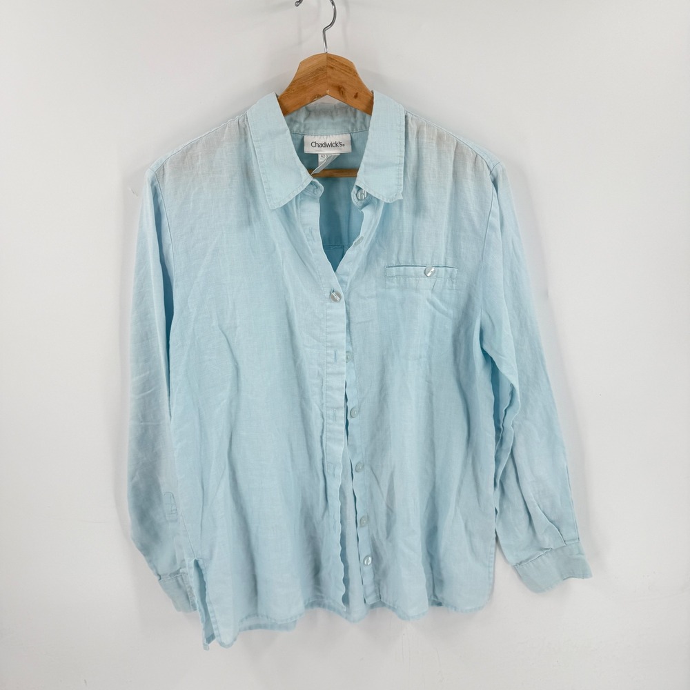 Vintage Chadwick's Button Up Shirt Light Blue Size 10 Linen Long Sleeve Coastal